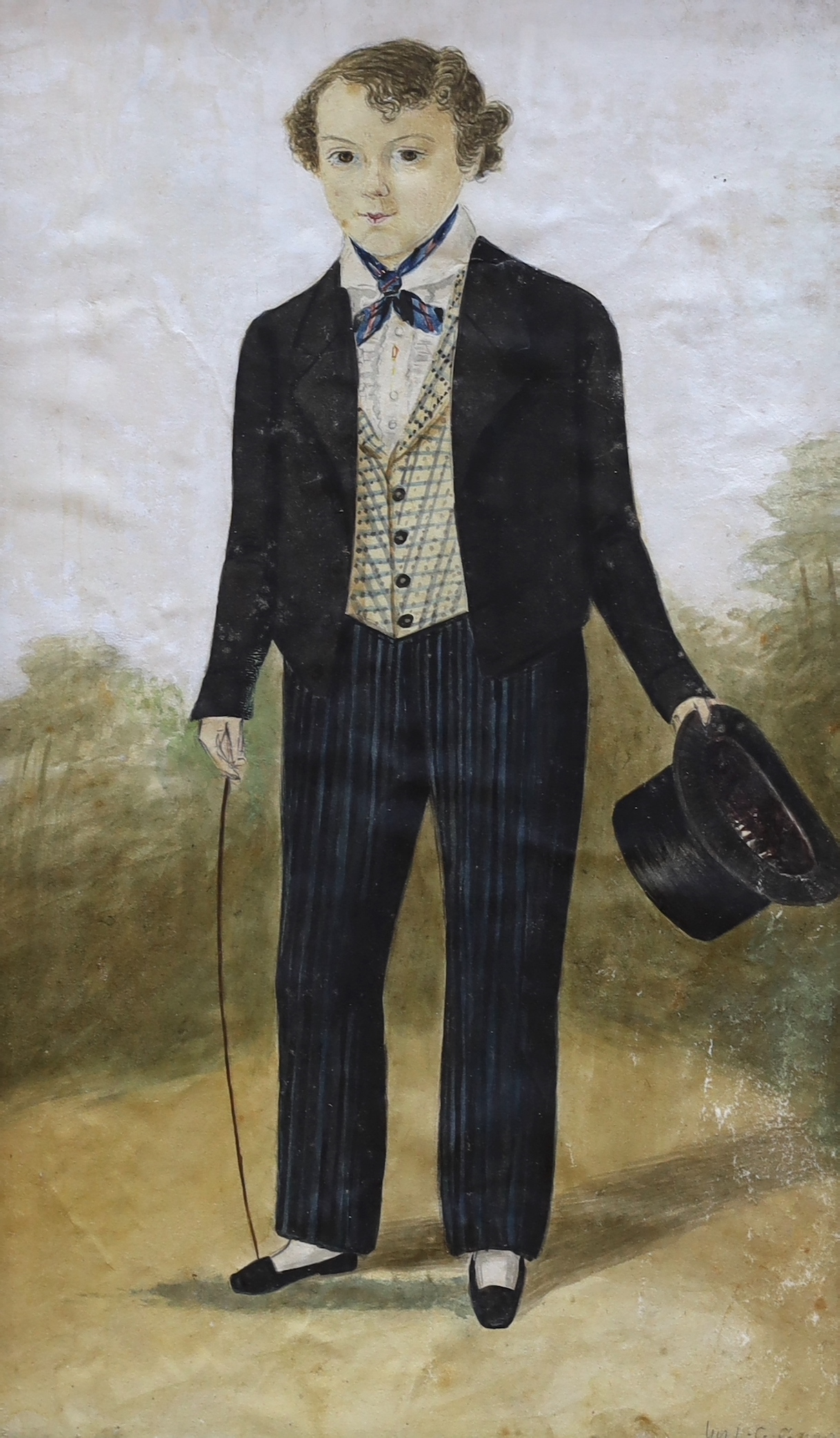 Early 19th century watercolour, Full length portrait of a young man, indistinctly signed, possibly I C Green, maple framed, 26cm x 16cm